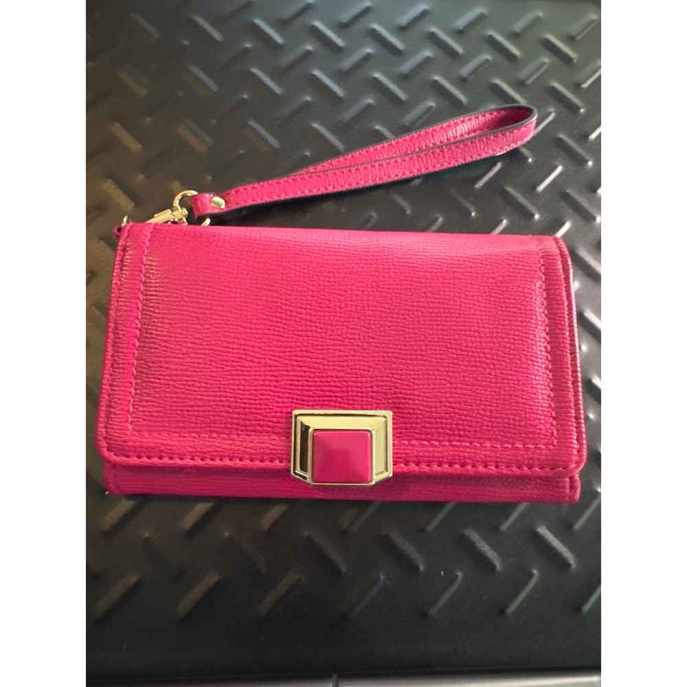 Faux Leather Wristlet Wallet Womens Hot Pink Gold Hardware Push Lock